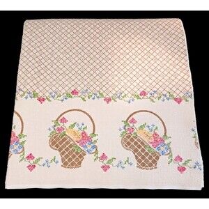 Vintage 50's Terry Cloth Fabric Tablecloth Baskets w/ Floral 50X84 Spring Easter